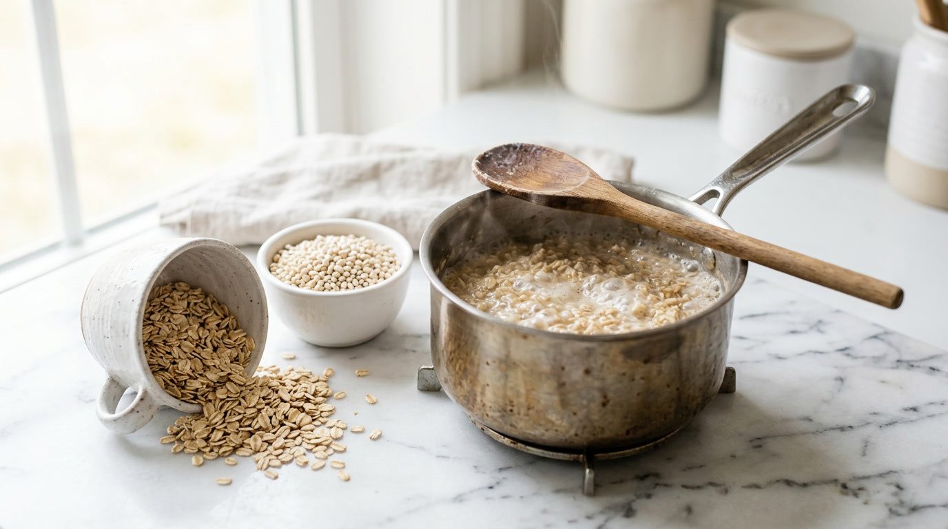 Rolled oats simmering in a saucepan beside a cup of dry oats and a bowl of pearl barley