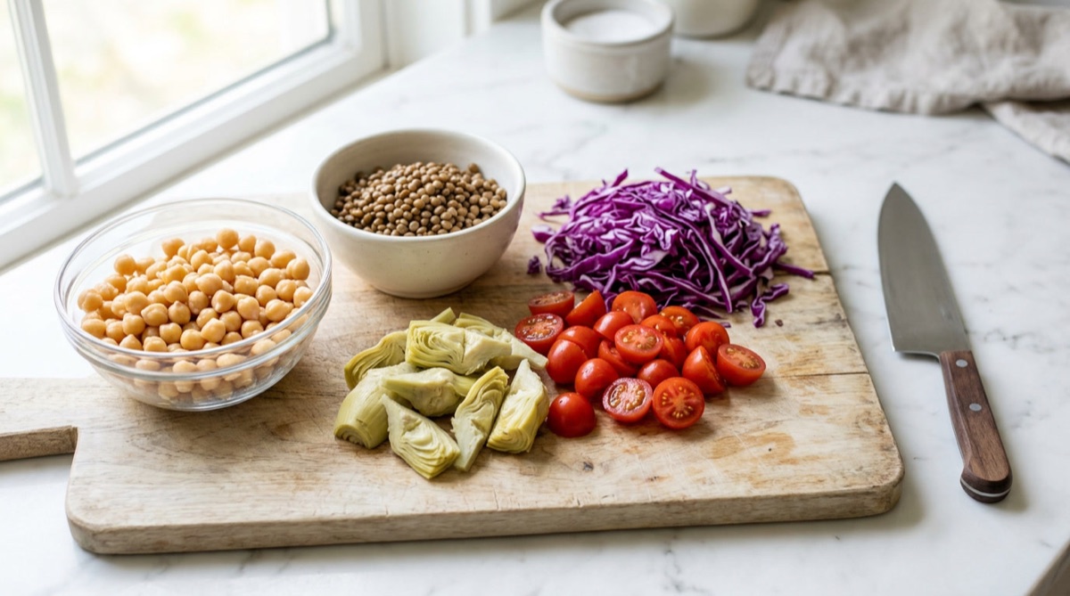 Salad add-ins on a board: chickpeas, lentils, artichoke hearts, cherry tomatoes and red cabbage