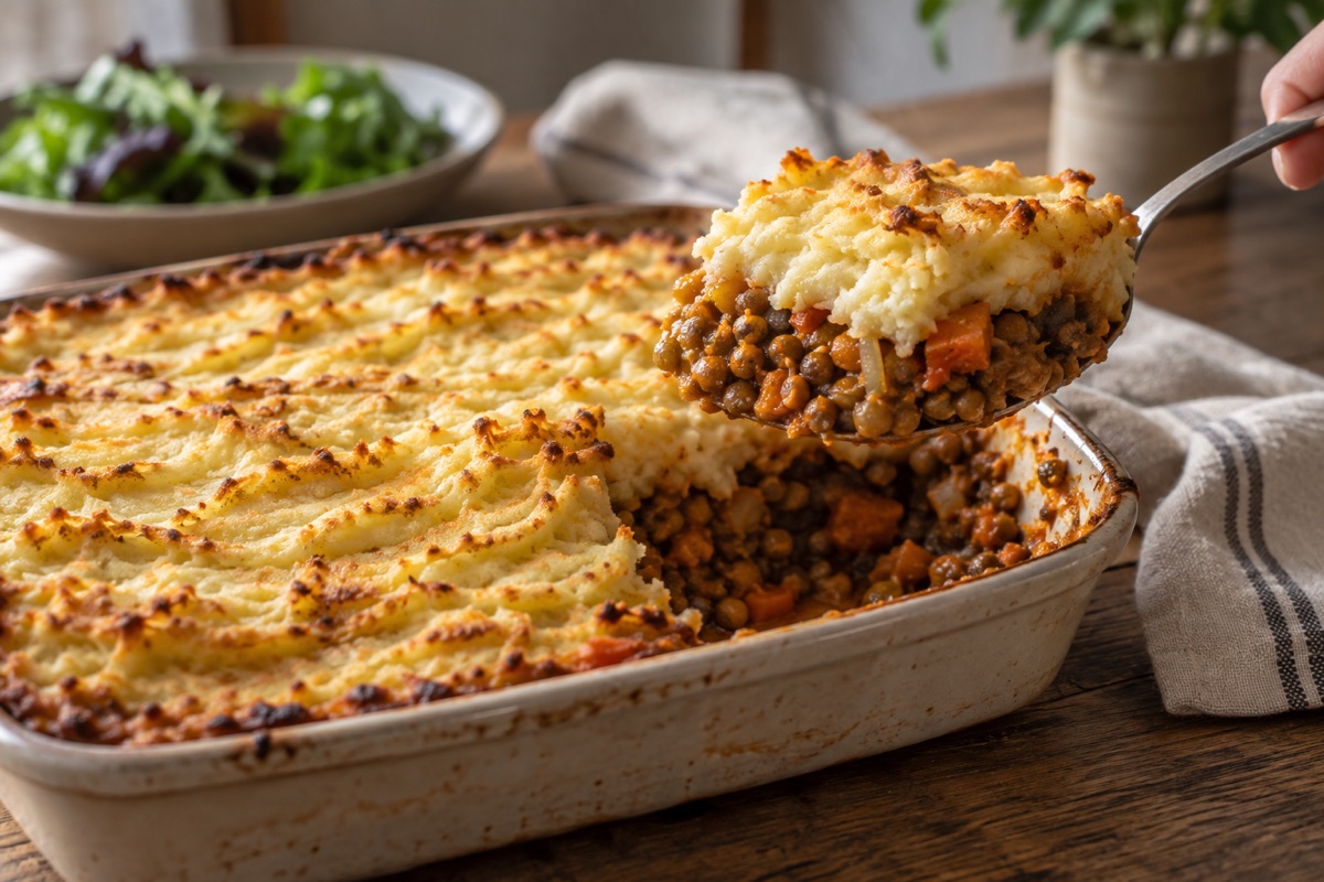 Serving of lentil shepherd's pie