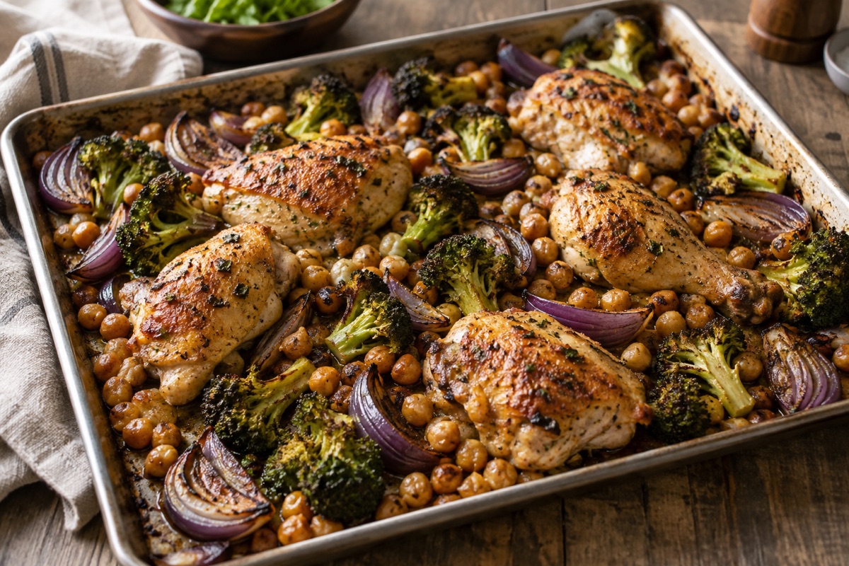 Sheet pan chicken with chickpeas and broccoli