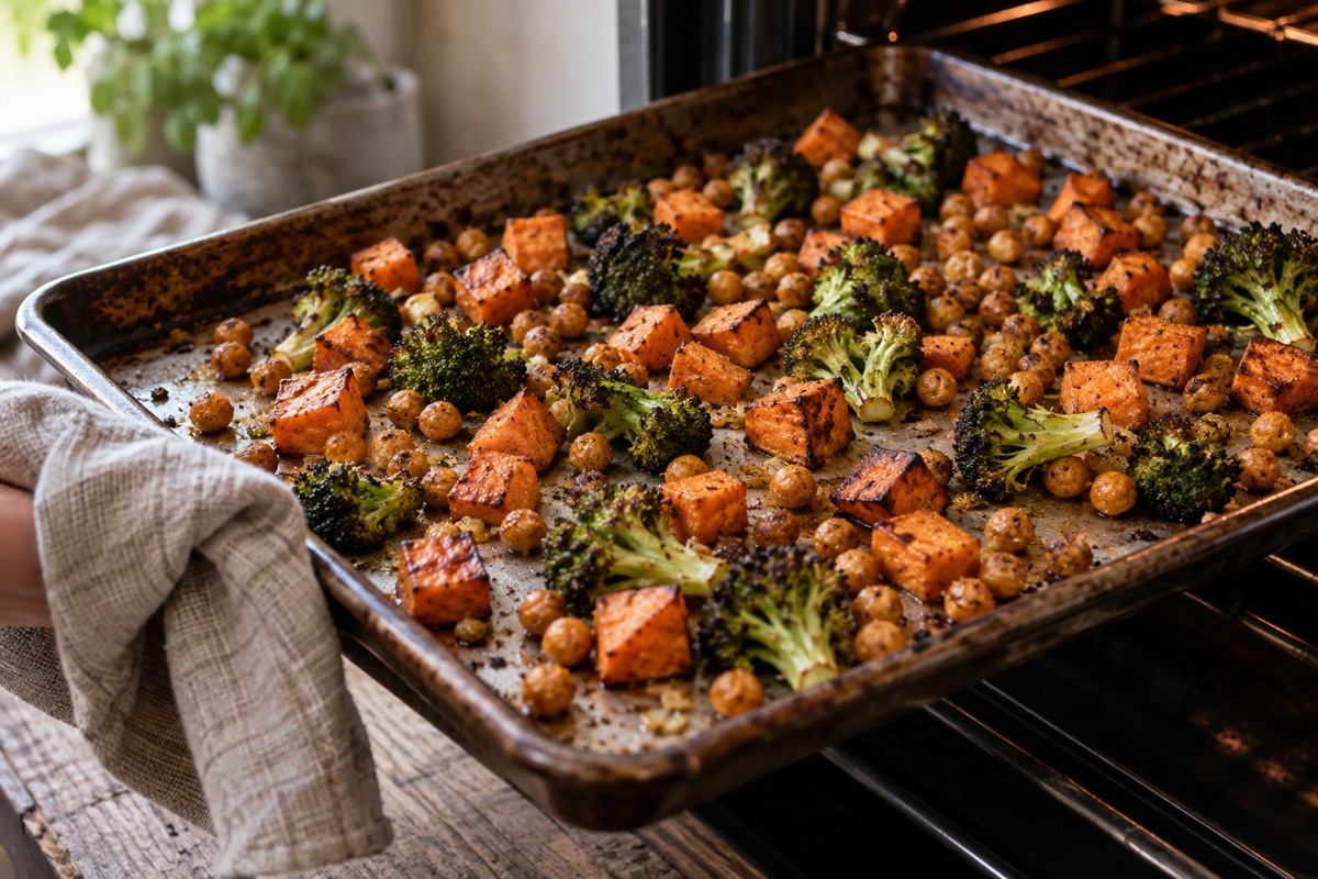 Sheet pan of chickpeas, sweet potato and broccoli