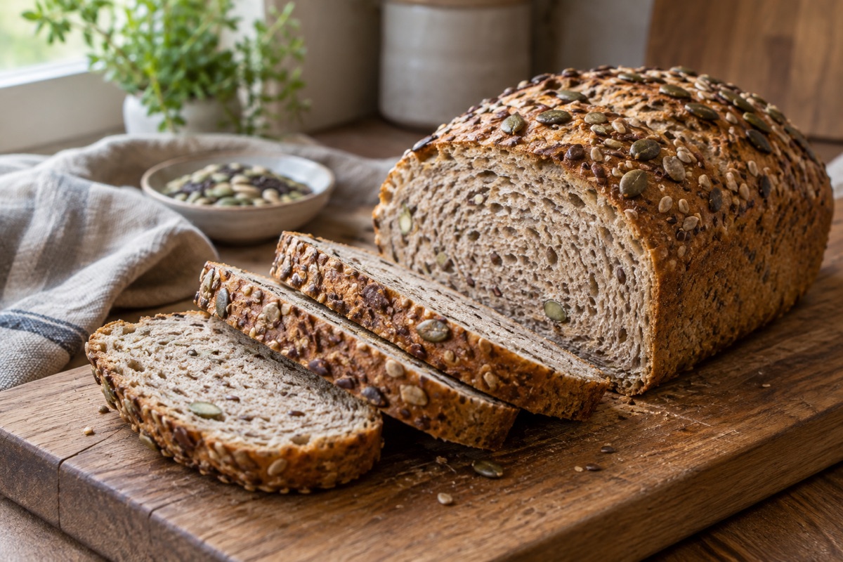 Sliced loaf of seeded psyllium bread