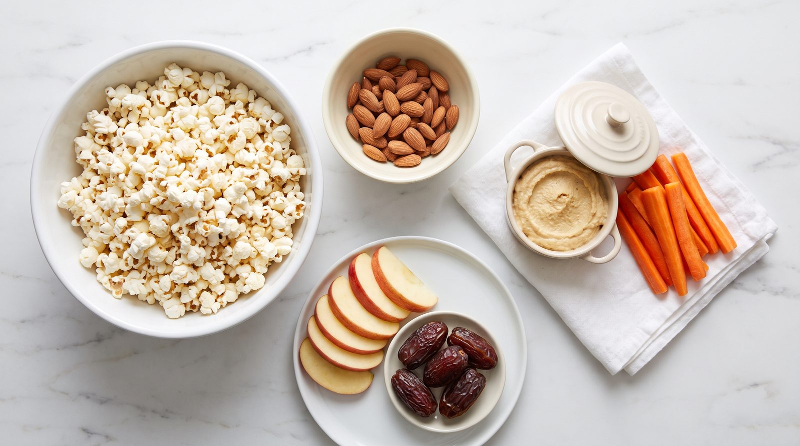 High fiber snacks on white marble: air-popped popcorn, almonds, apple slices with the skin on, medjool dates, hummus and carrot sticks