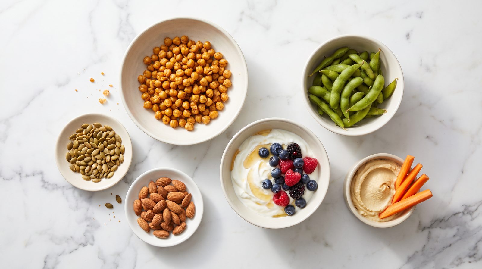 High protein high fiber snacks on white marble: roasted chickpeas, edamame, pumpkin seeds, almonds, Greek yogurt with berries and hummus with carrot sticks