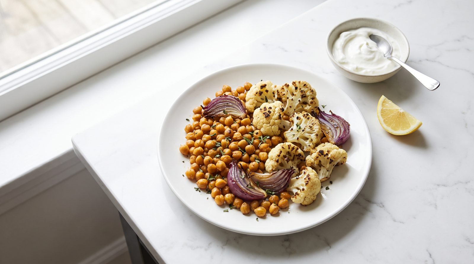 A plate of roasted chickpeas, cauliflower and red onion with a wedge of lemon and a spoon of yogurt