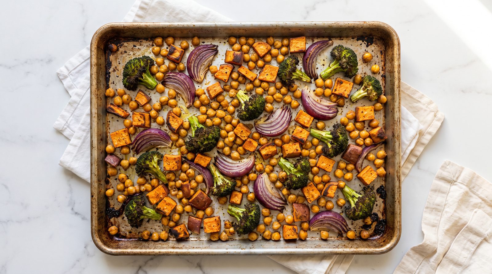 A sheet pan of roasted chickpeas, sweet potato cubes, red onion and broccoli, charred at the edges