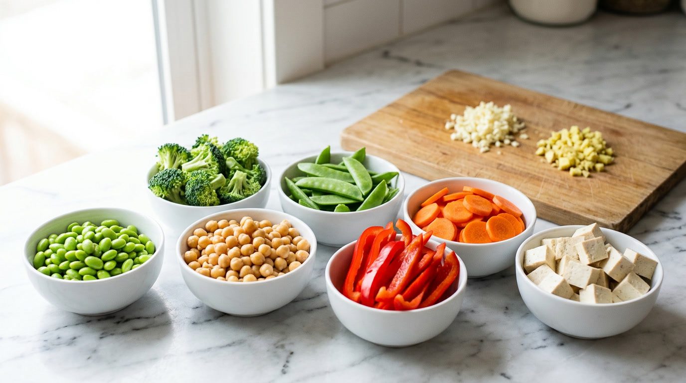 Bowls of edamame, chickpeas, broccoli, snow peas, red pepper, carrots and tofu prepared for a stir fry