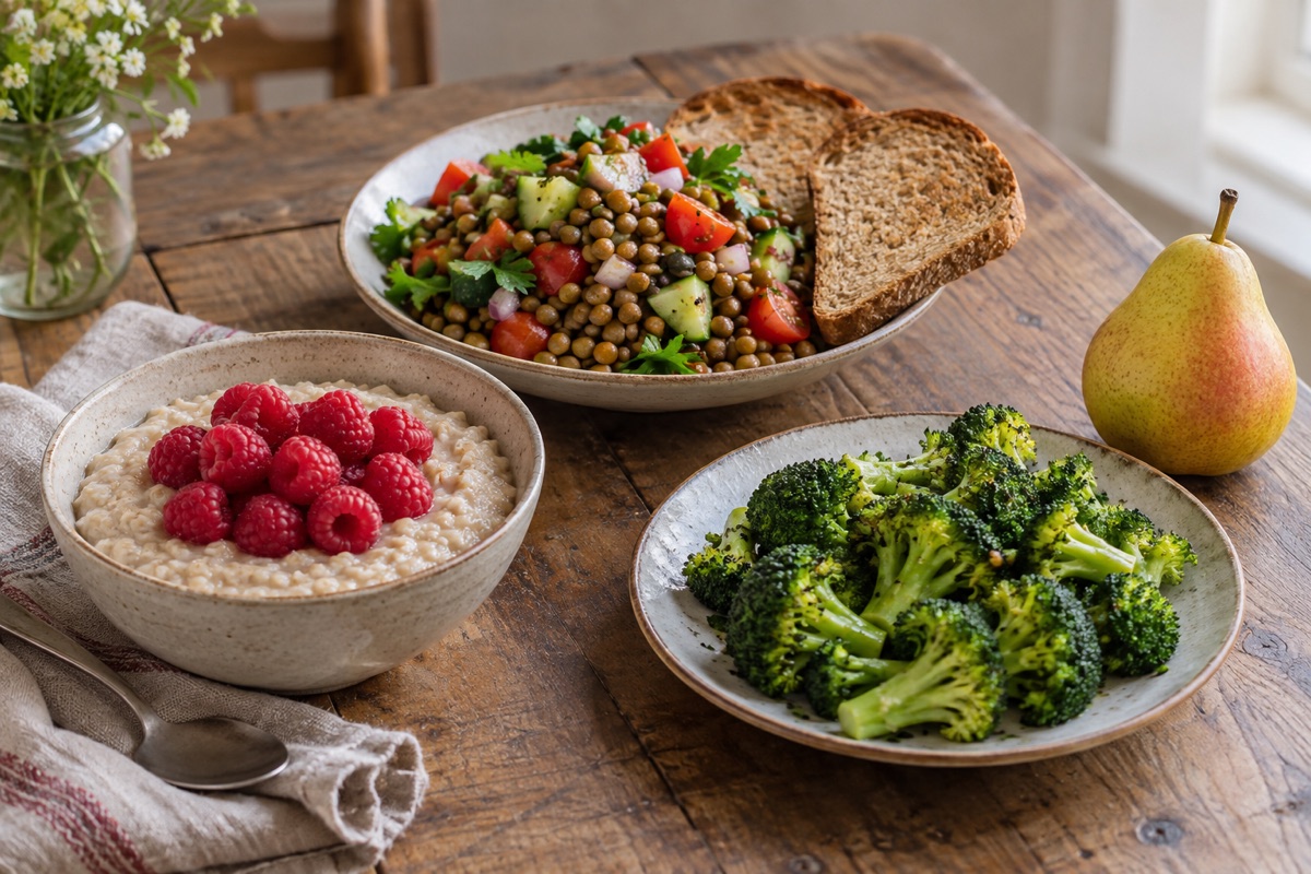 A day of high-fiber meals: oatmeal with raspberries, lentil salad with whole-wheat toast, broccoli and a pear