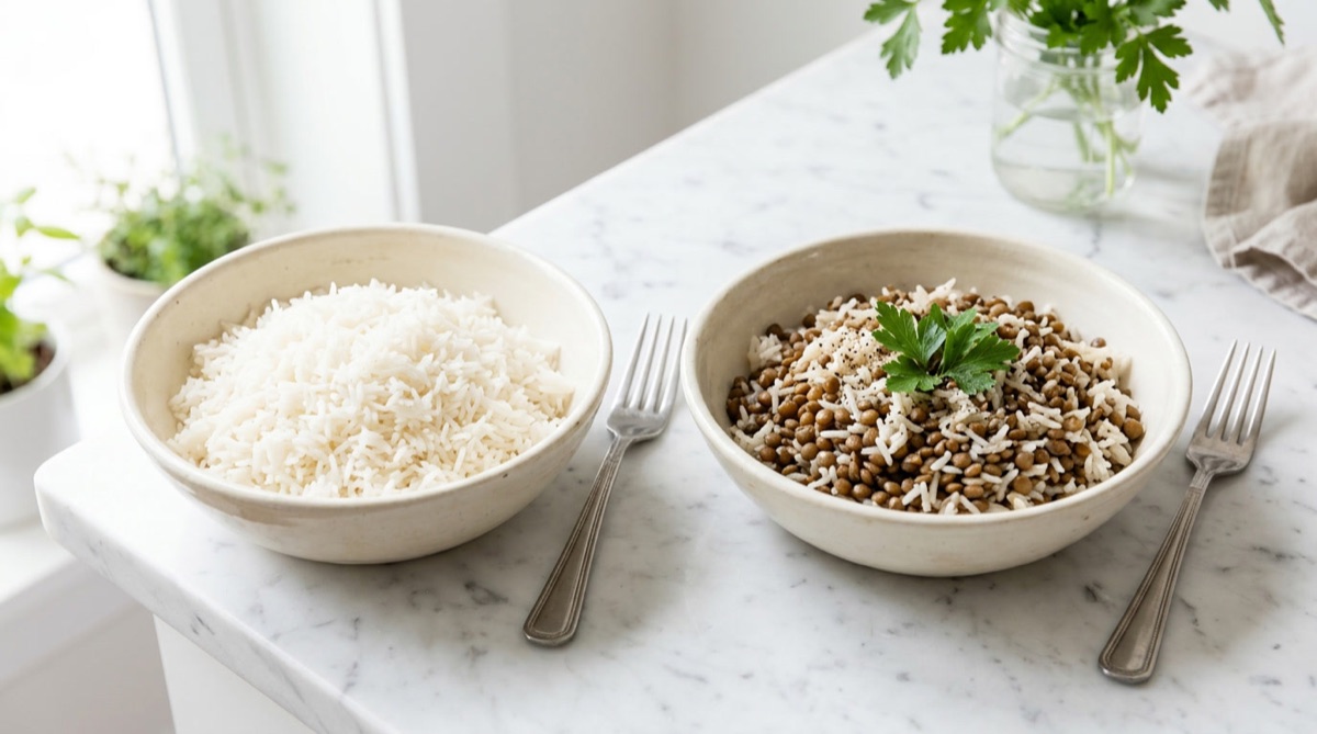 A bowl of plain white rice next to a bowl of rice mixed with lentils