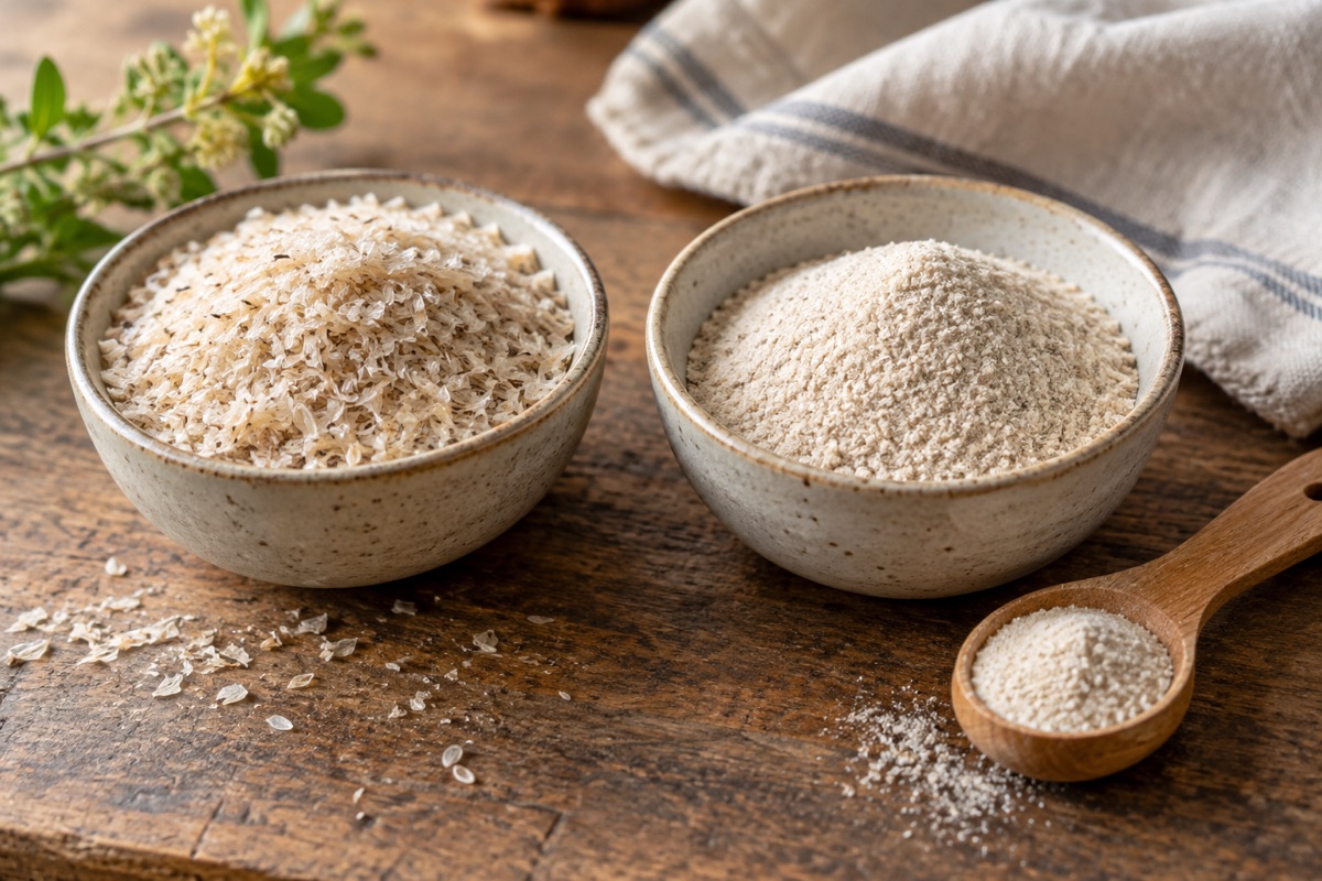 Whole psyllium husk next to psyllium powder