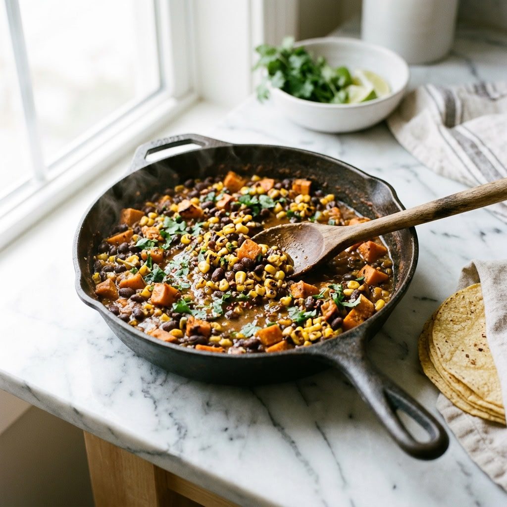 A cast iron skillet of black beans, roasted sweet potato and charred corn with cilantro