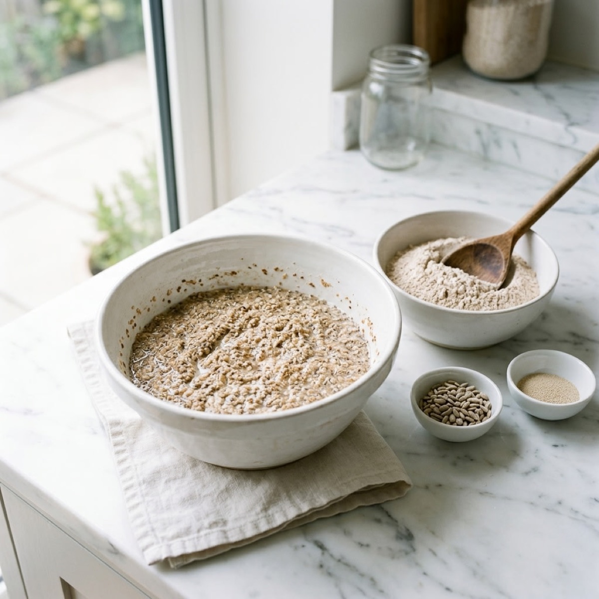 A bowl of soaking bran and seeds beside whole-wheat flour and small bowls of seeds