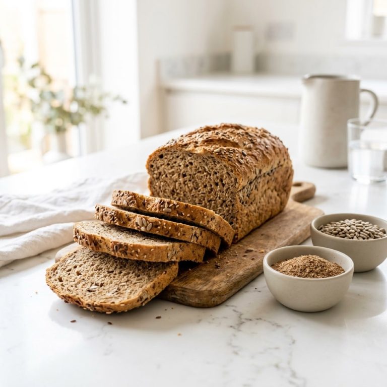 A sliced loaf of homemade high-fiber seeded whole-wheat bread on a wooden board