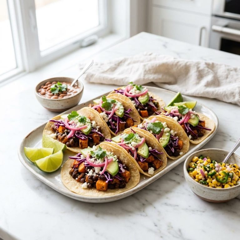 A platter of black bean and sweet potato tacos with red cabbage, avocado, pickled onion and cotija