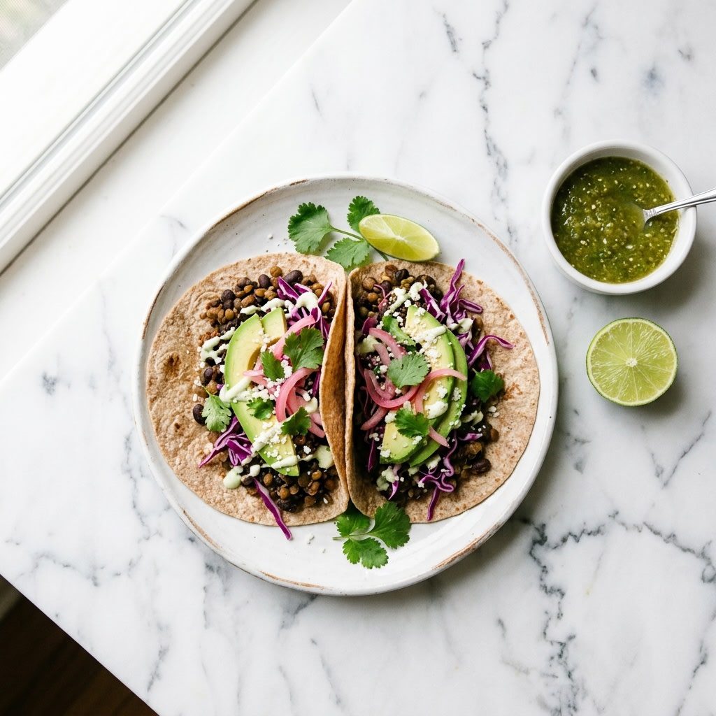 Two lentil and black bean tacos with red cabbage, avocado and pickled onion on a white plate