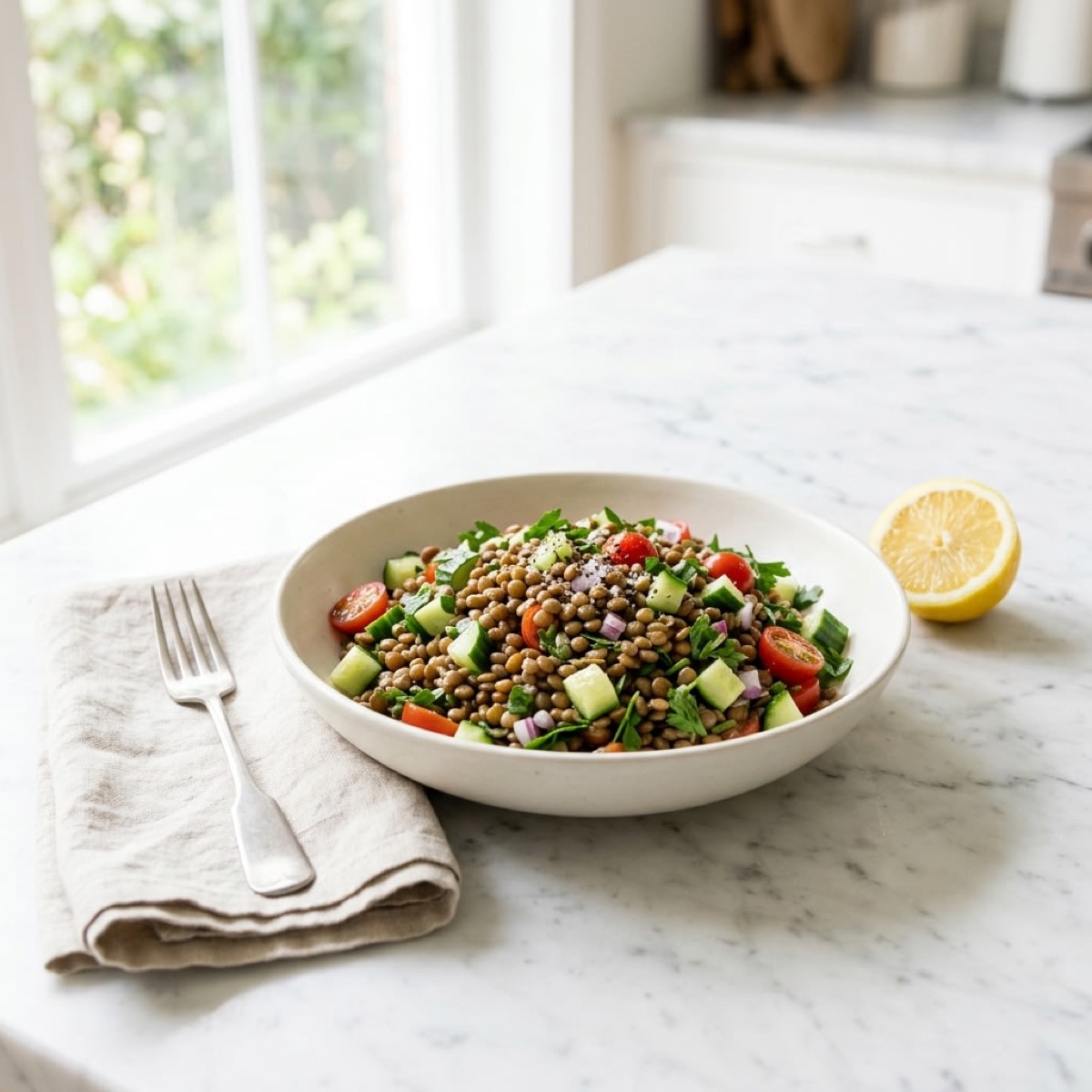 A lentil salad with tomatoes, cucumber and herbs, with a lemon half beside it