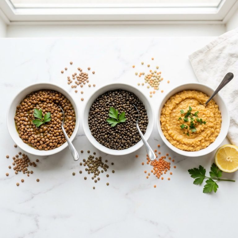 Three bowls of cooked lentils: brown, black and red, with a lemon and parsley