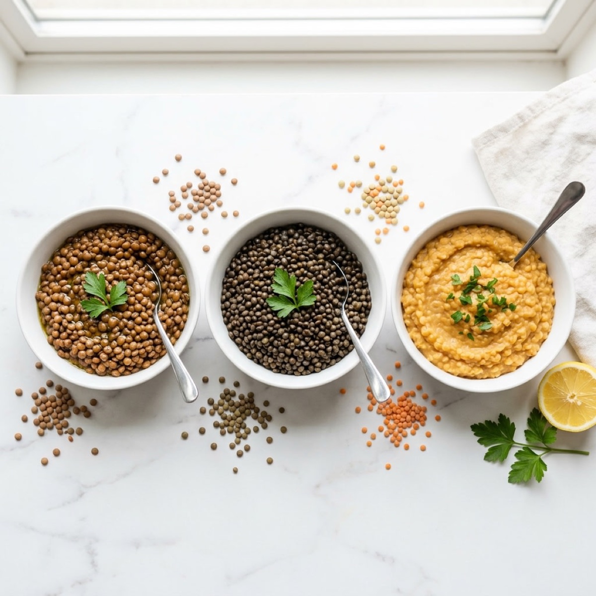 Three bowls of cooked lentils: brown, black and red, with a lemon and parsley