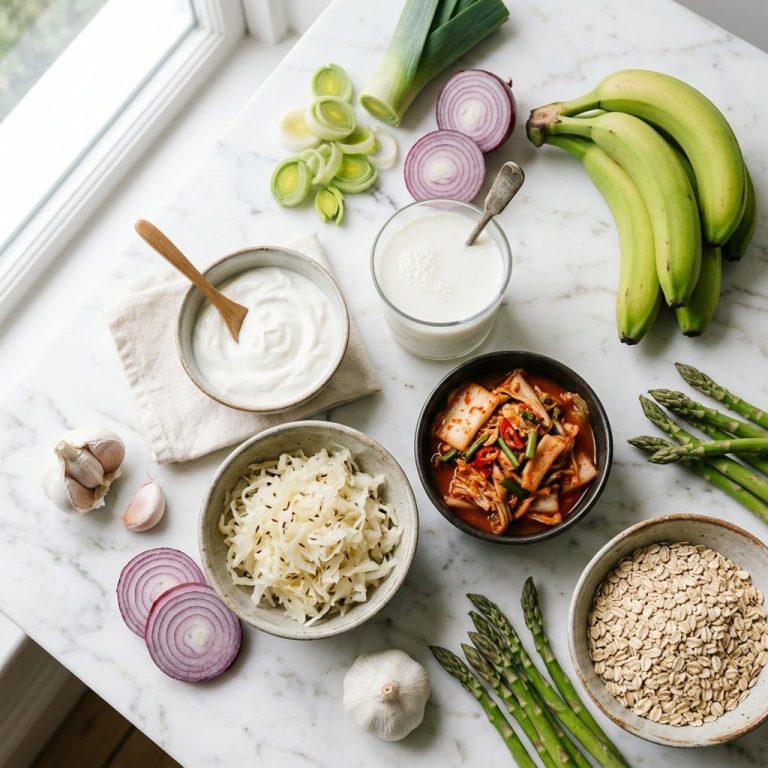 Yogurt, kefir, sauerkraut and kimchi among leeks, red onions, garlic, bananas, asparagus and oats on a marble counter