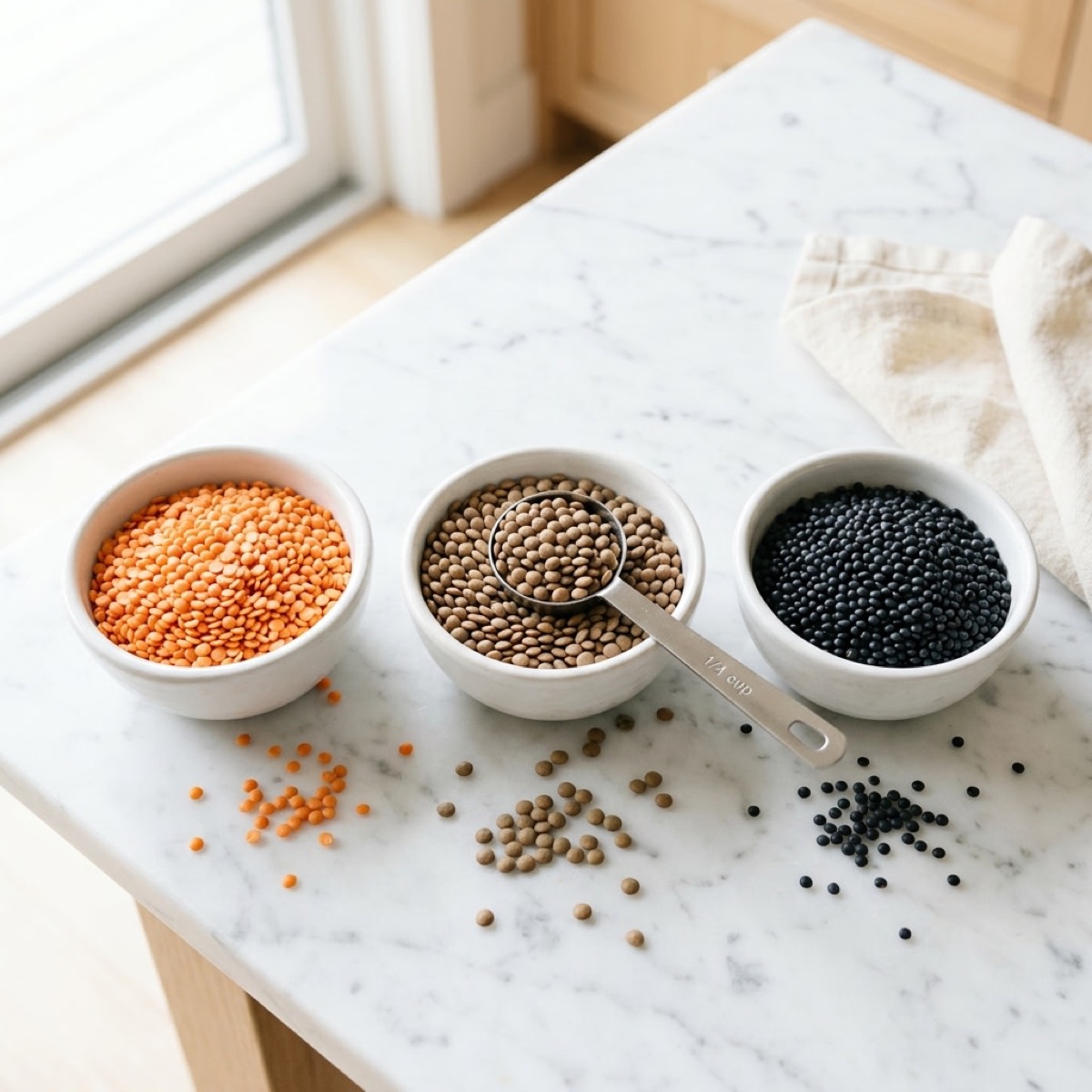 Bowls of dry red, brown and black lentils on a marble counter