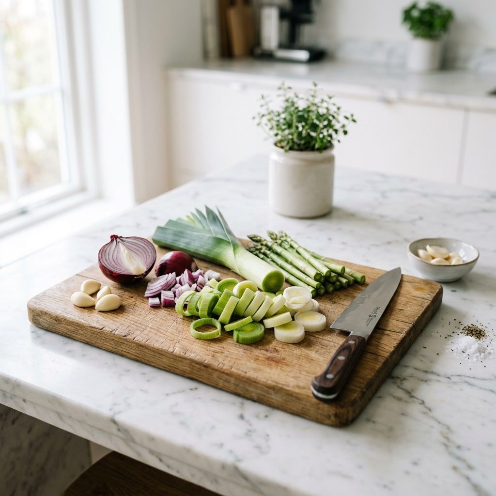 Sliced leeks, red onion, garlic cloves and asparagus on a wooden cutting board