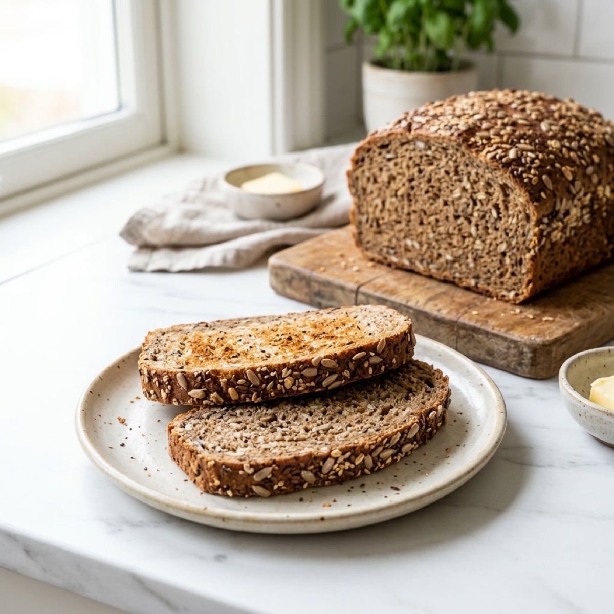 Two slices of toasted high-fiber bread on a plate in front of the loaf