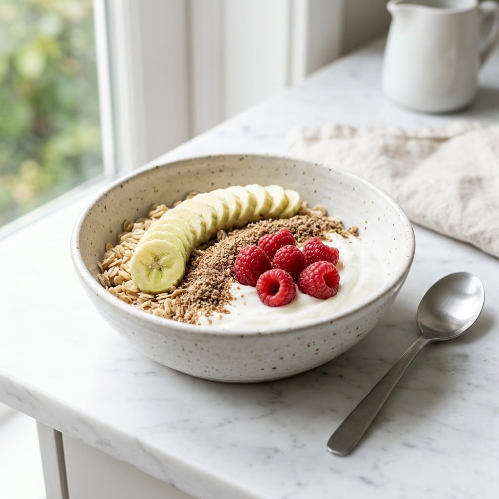 A bowl of plain yogurt topped with oats, sliced banana, ground flaxseed and raspberries
